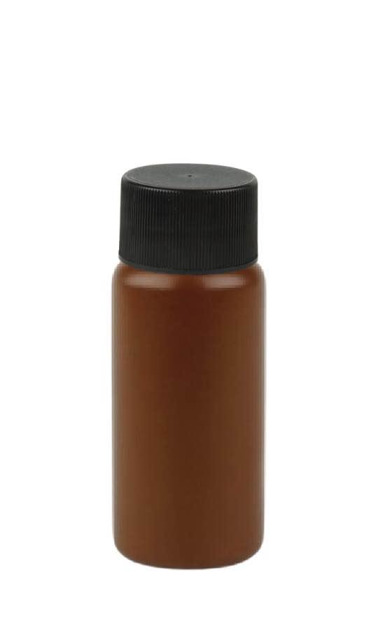 1 oz. Brown 20-410 Opaque HDPE Plastic Boston Round Bottle-Black Ribbed CT Cap-Foam Liner