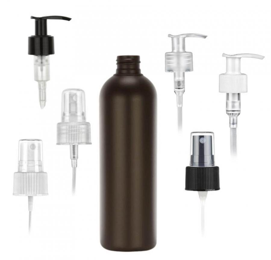 10 oz. Brown Dark 24-410 HDPE Bullet Round Opaque Plastic Bottle-FM Sprayer or 1.2cc LU Pump