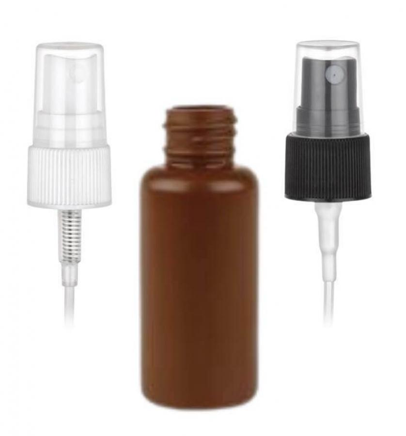1 oz. Brown 20-410 Opaque HDPE Plastic Boston Round Bottle-FM Sprayer