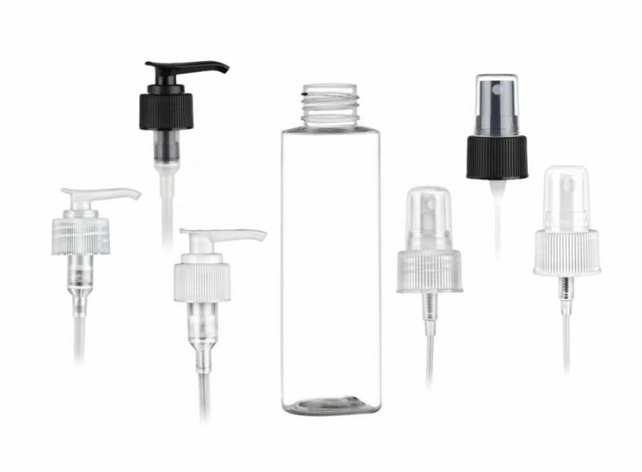 4 oz. Clear 24-410 PET (BPA Free) Plastic Cylinder Round Bottle-FM Sprayer or 2 cc LD Lotion Pump