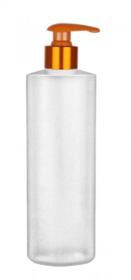 8 oz. Natural HDPE 24-410 Cylinder Round Semi-Opaque Squeezable Plastic Bottle-Orange Metal Lotion Pump (Flamed)
