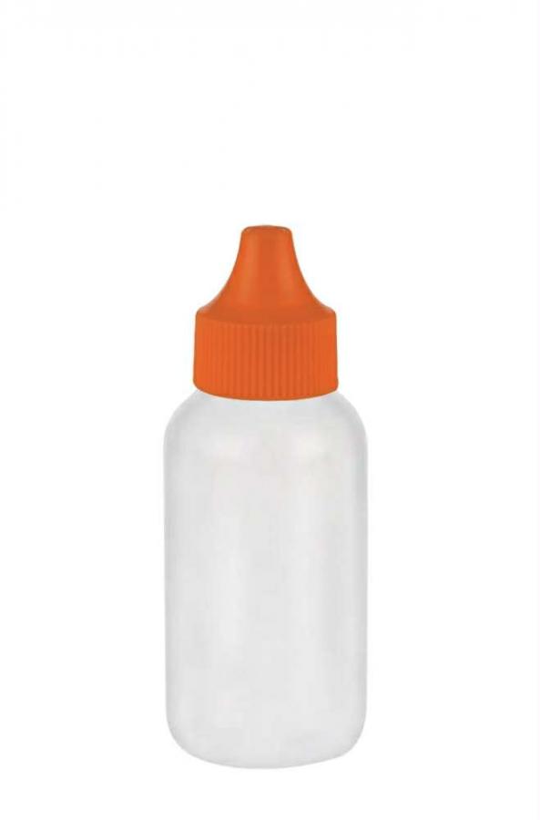 2 oz. Natural LDPE Opaque 20-410 Squeezable Plastic Boston Round Bottle-Plug-Orange Cap