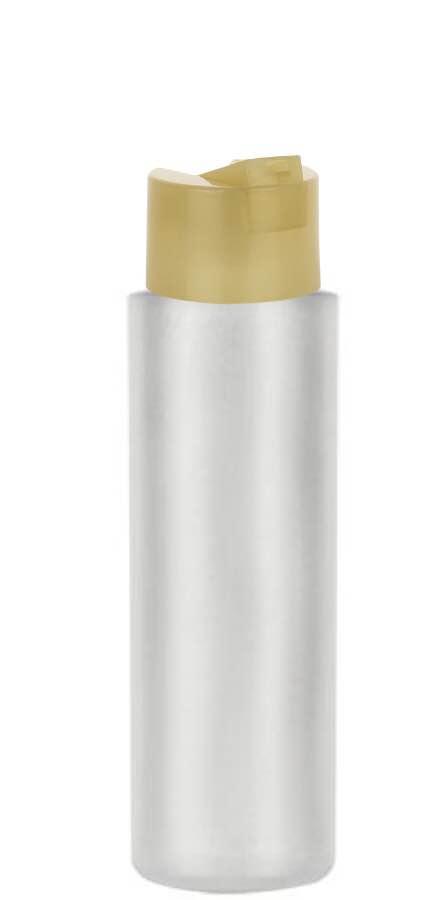 16 oz. Natural Cylinder Round 24-410 HDPE Semi-Opaque Flamed Plastic Bottle-Gold Smooth Disc-Top Cap