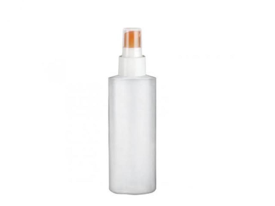 4 oz. Natural Cylinder Round 24-410 HDPE Semi-Opaque Flamed Squeezable Plastic Bottle-White-Orange FM Sprayer