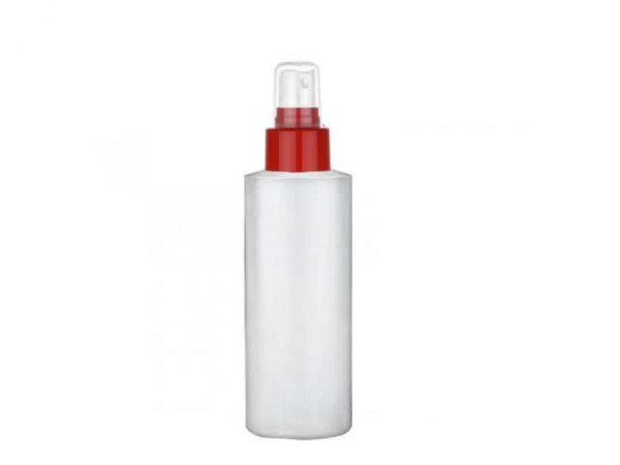 4 oz. Natural Cylinder Round 24-410 HDPE Semi-Opaque Flamed Squeezable Plastic Bottle-White-Red FM Sprayer