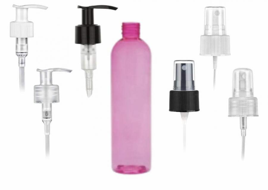 8 oz. Pink 24-410 PET (BPA Free) Semi-Translucent Bullet Round Plastic Bottle-FM Sprayer or 1.2cc LU Lotion Pump (Silgan)