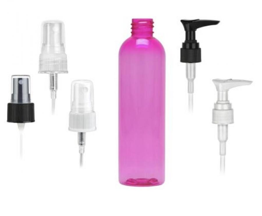 2 oz. Pink 20-410 Semi-Translucent PET (BPA Free) Plastic Round Bullet Bottle-FM Sprayer or Lotion Pump