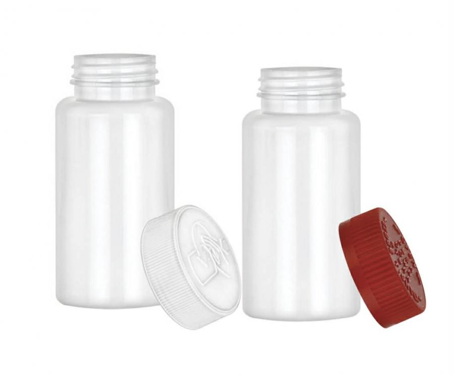 3.33 oz. (100 cc) White PET Packer 38-400 Round Plastic Bottle-CT-CRC Cap (DPG)