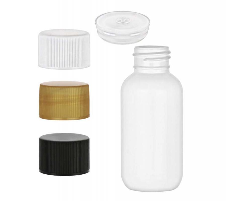2 oz. White 24-410 Boston Round MDPE Squeezable Plastic Bottle-Plug-Cap