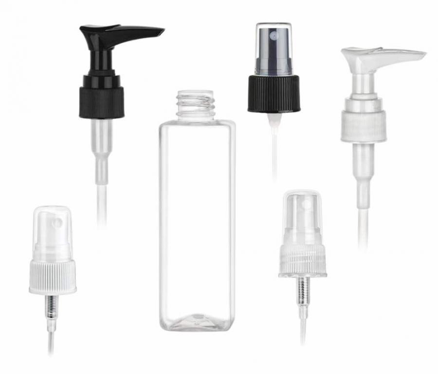 4 oz. Clear 20-410 PET Plastic BPA FREE Square Bottle-Lotion Pump or FM Sprayer