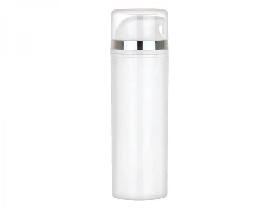 5 oz. White Other Cylinder Round 45mm Opaque Plastic Bottle-White-Silver Airless Pump-Clear PP Hood