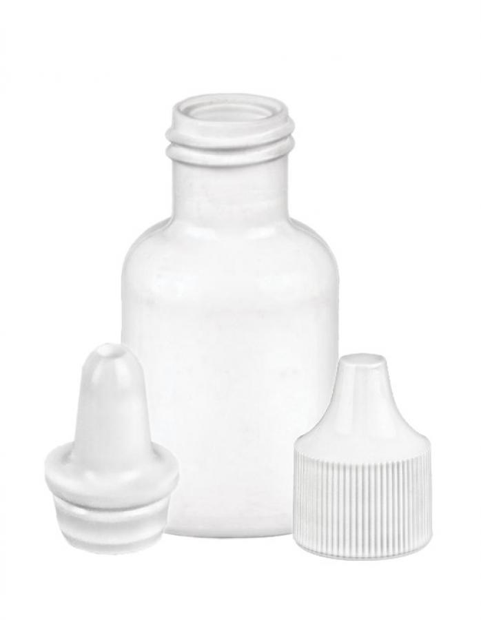 1 oz. White LDPE 20-410 Plastic Squeezable Boston Round Bottle-White Dropper Plug-White Cap