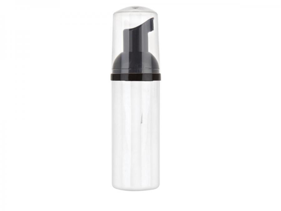 1.67 oz. White PET Cylinder Round (50ml) Opaque Glossy Plastic Bottle-Black Foamer-Clear Hood