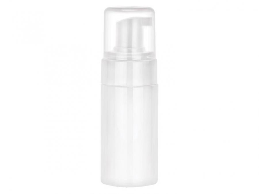 3.33 oz. White PET Cylinder Round (100ml) 43mm Opaque Glossy Plastic Bottle-White Foamer-Clear Hood