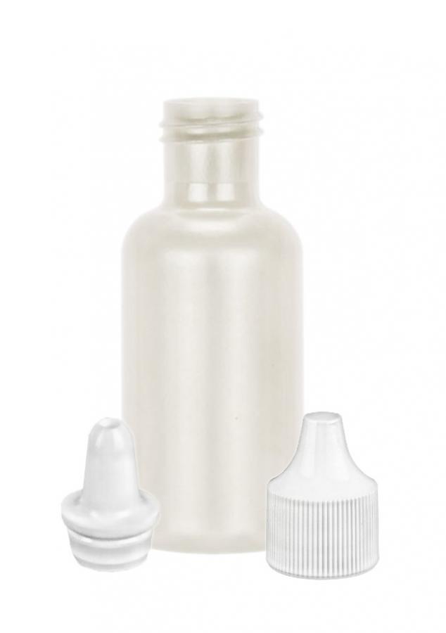 .5 oz. (1/2 oz) White Pearl 15-415 Boston Round HDPE (15 cc) Plastic Bottle-White Controlled Plug .020 Orif-Cap