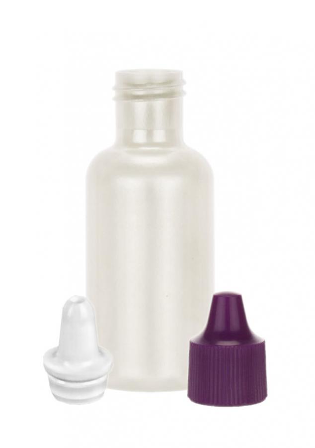 .5 oz. (1/2 oz) White Pearl 15-415 Boston Round HDPE (15 cc) Plastic Bottle-White Uncontrolled Plug .040 Orif-Purple Cap