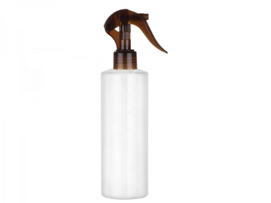 8 oz. White Shiny 24-410 PET Plastic Cylinder Round Bottle-Amber Sprayer