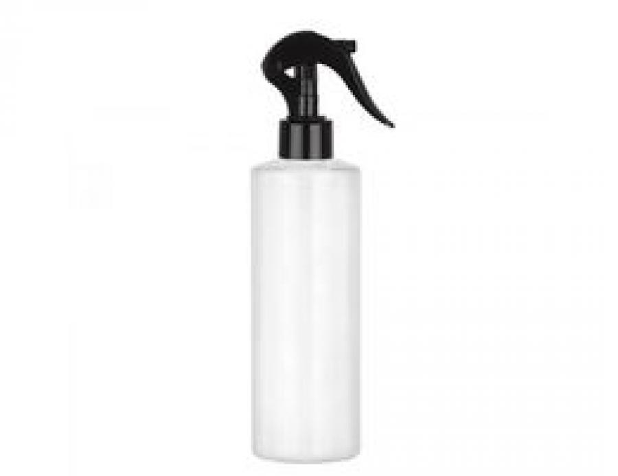 8 oz. White Shiny 24-410 PET Plastic Cylinder Round Bottle-Black Sprayer