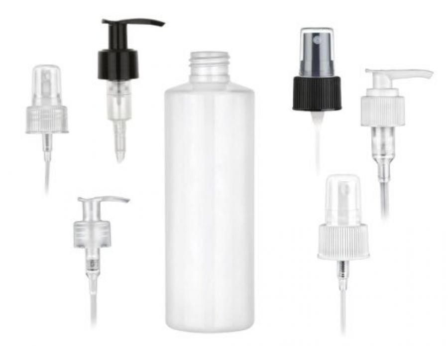 8 oz. White Shiny 24-410 PET Plastic Cylinder Round Bottle-FM Sprayer or 1.2cc LU Lotion Pump