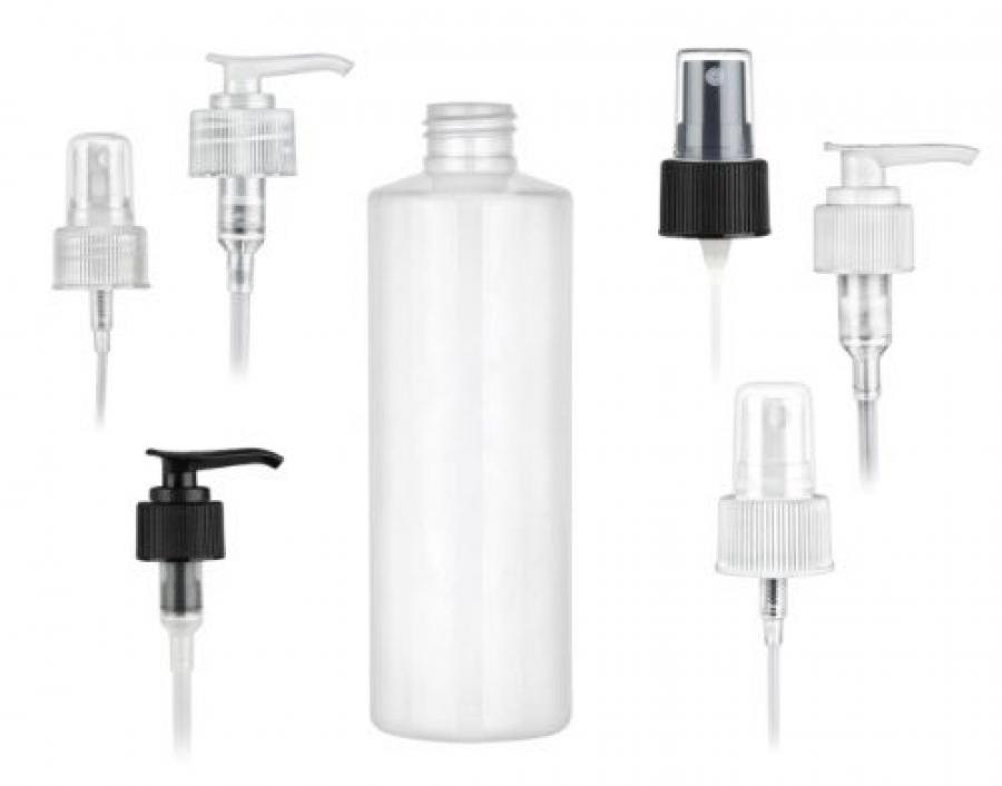 8 oz. White Shiny 24-410 PET Plastic Cylinder Round Bottle-FM Sprayer or 2cc LD Lotion Pump