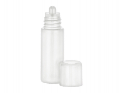 .166 oz. (1/6 oz) (5 cc) White 12 mm Opaque Boston Round HDPE Plastic Slightly Squeezable Bottle w/ Dropper Plug & White Non Dispensing Cap