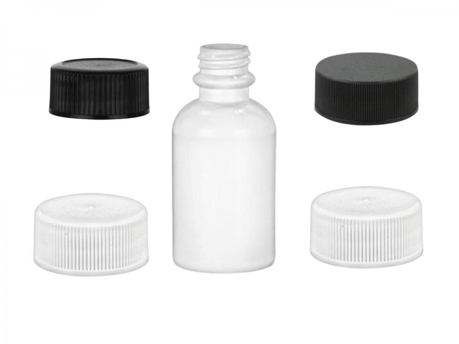 2 oz. White Opaque HDPE 20-400 Plastic Boston Round Bottle-Tincture-Blk-Wh CT Cap