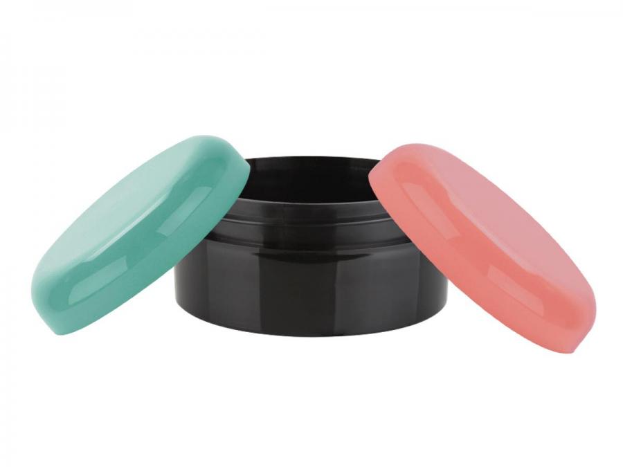 2 oz. Black Low Profile Thick Wall 70-400 Round PP Plastic Jar with Square Base-Colored Lid