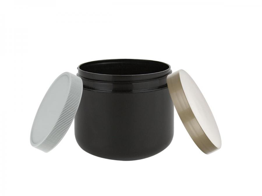 4 oz. Black Shiny Round Base Double Wall 70-400 PP Plastic Jar-HDPE Inner Jar-Colored Cap