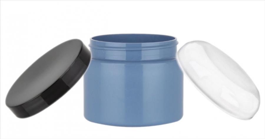 8 oz. Blue Round Single Wall 70-400 Opaque PET Square Based Plastic Jar-Colored Lid