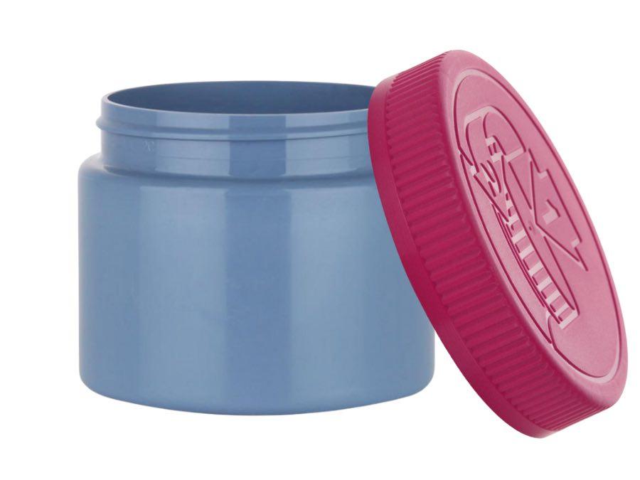 8 oz. Blue Round Single Wall 70-400 Opaque PET Square Based Plastic Jar-Pink Fuchsia CRC Lid