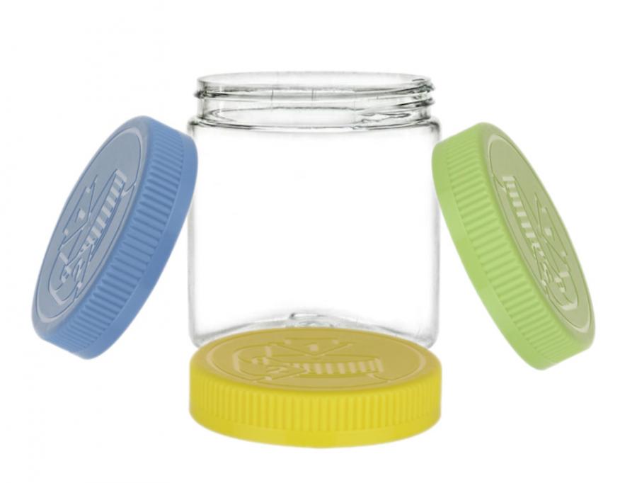 8 oz. Clear Round Single Wall 70-400 PET Plastic Jar-CRC Colored Lid