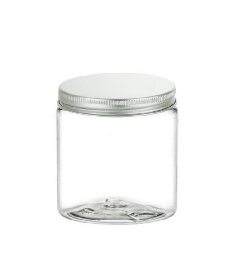 8 oz. Clear Round Single Wall 70-400 PET Plastic Jar-Silver Metal Cap