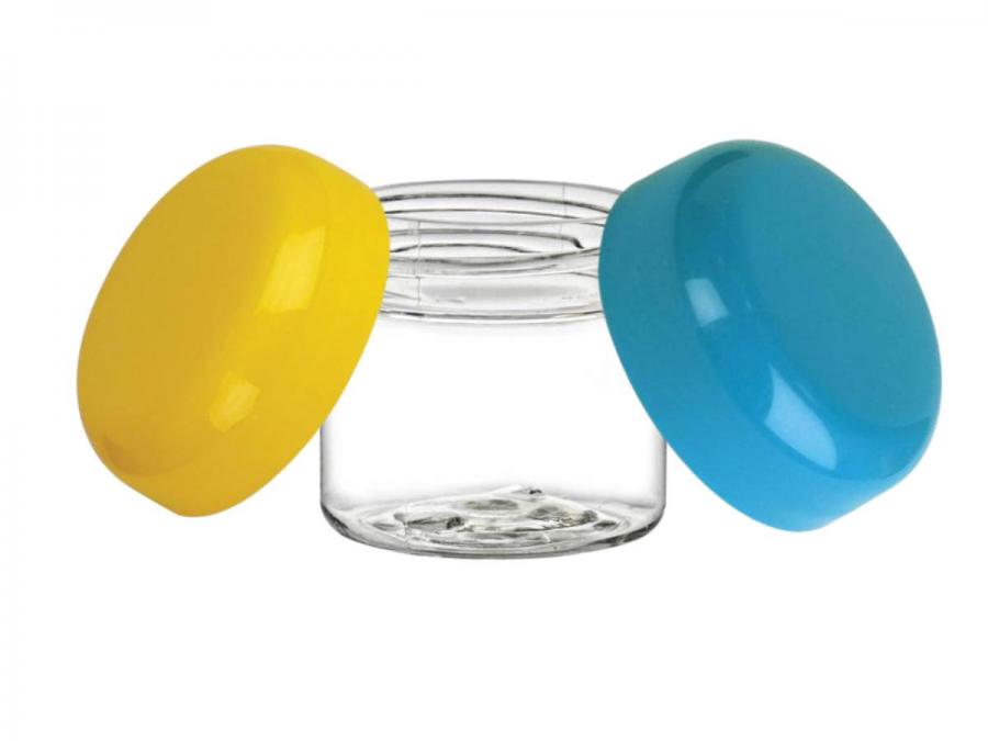 1 oz. Clear Plastic Single Wall 38-400 PET Jar- Colored Dome CT Cap