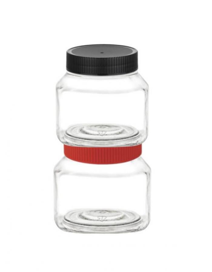 12 oz. Clear PET 70-400 Plastic Single Wall Square Stackable Jar-Round Shoulder-Deep Skirt Colored Lid