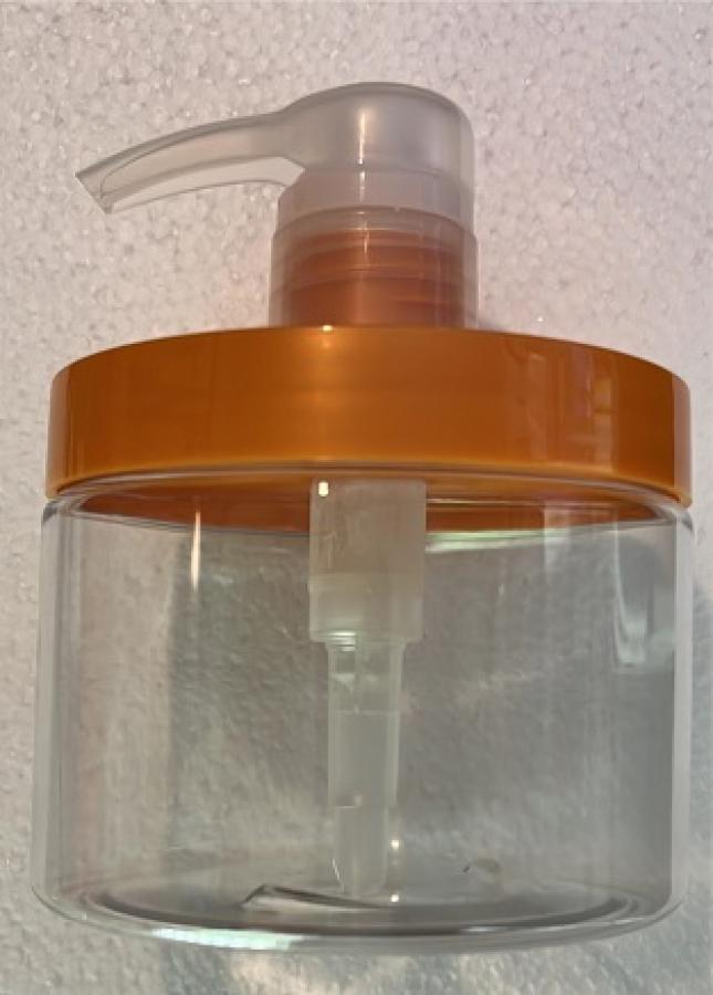 12 oz. Clear PET 89-400 Plastic (BPA Free) Single Wall Jar-Orange Lid-Natural Pump-4cc OP
