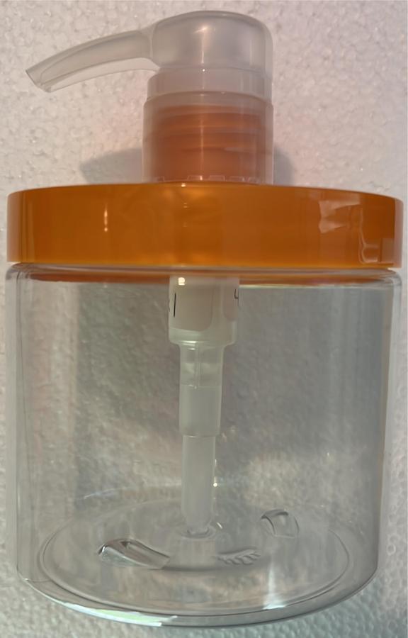 16 oz. Clear PET 89-400 Plastic (BPA Free) Single Wall Jar-Orange Lid-Natural Pump-4cc OP