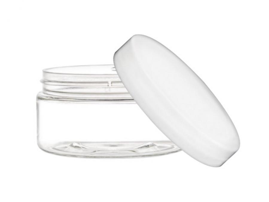4 oz. Clear Low Profile Single Wall Square Based 89-400 Round PET Plastic Jar-Cap