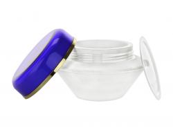 1.67 oz (50 ml) Frosted 58mm Thick Wall Acrylic Jar-White Inner PP Bowl, Blue Lid-Gold Band-Sealing Disc-NEW