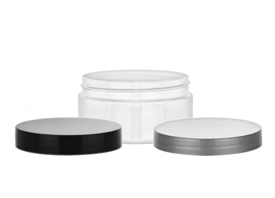 8 oz. White Low Profile Single Wall Straight Sided 89-400 Round PET Plastic Jar-Gloss Finish-Cap-King
