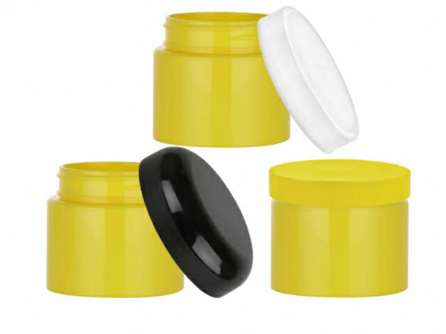 1 oz. Yellow Single Wall 53-400 Round Other Plastic Jar-False Bottom-Colored Cap