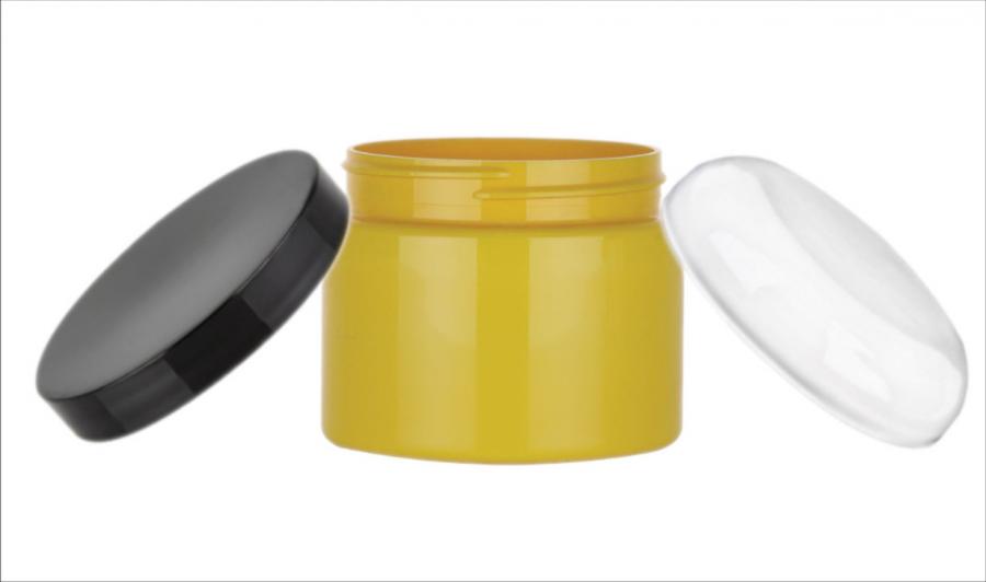 8 oz. Yellow Round Single Wall 70-400 Opaque PET Square Based Plastic Jar-Colored Lid