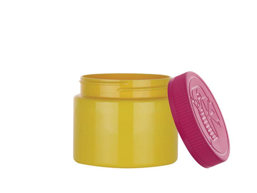 8 oz. Yellow Round Single Wall 70-400 Opaque PET Square Based Plastic Jar-Pink Fuchsia CRC Lid