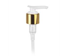 24-410 Gold Shiny Metal-White Plastic Lotion-Soap Pump-2 cc Output-Lock-Down Head-6 1/6 in dip tube (Stock)