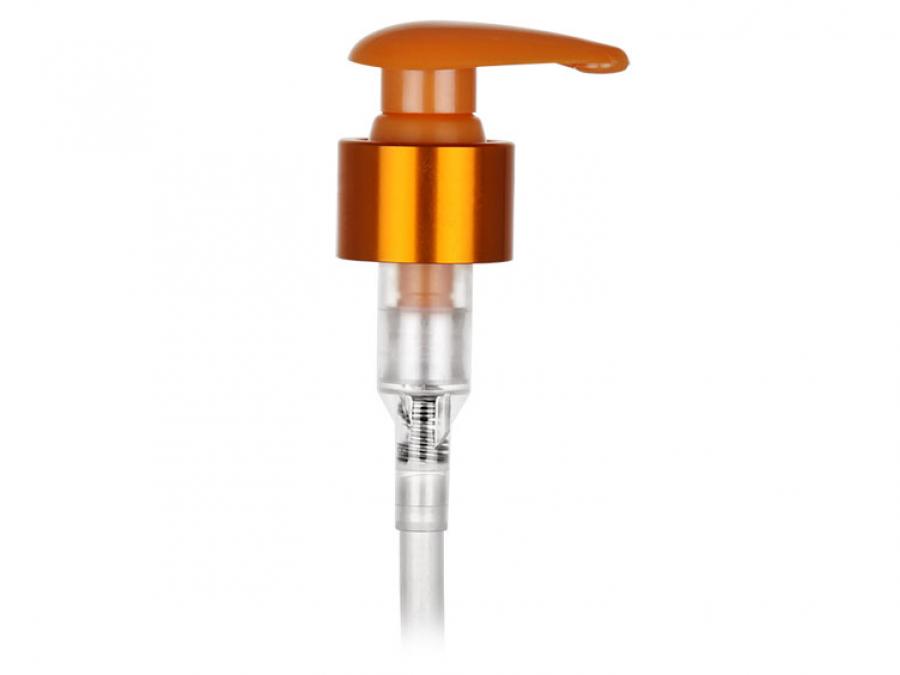 24-410 Orange Smooth Metal Shell-Euroflow Lock Down Head Lotion-Soap Pump-5 15/16 in. DT-2 cc OP (Aptar)