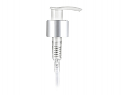 24-410 Silver Brushed Aluminum-White Lotion-Soap Pump w/ 1.2 cc Output, Lock-Up Head & 8 3/4 in dip tube (Stock)