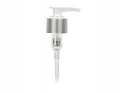 24-410 Silver Brushed Aluminum-White Lotion-Soap Pump w/ 2 cc Output, Lock-Down Head & 8 3/4 in dip tube (Stock)