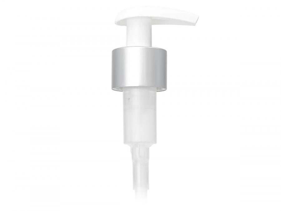 24-410 Silver Brushed Aluminum-White Lotion-Soap Pump-1.5 cc OP-LU Head-6.5 in. Bent DT