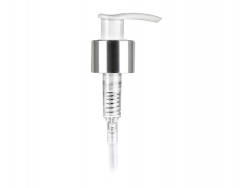 24-410 Silver Shiny Metal-White PP Plastic Lotion-Soap Pump w/ 1.2 cc Output, Lock-Up Head & 6 1/16 in dip tube (Stock)