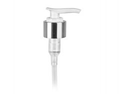 24-410 Silver Shiny Metal-White PP Plastic Lotion-Soap Pump w/ 2 cc Output, Lock-Down Head & 6 1/16 in dip tube (Stock)