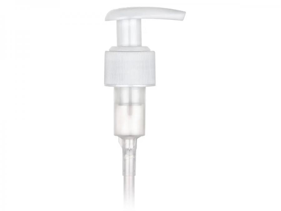 24-410 White Ribbed PP Plastic Metal Free Lotion-Soap Pump-LU Teardop Head-3cc OP-6 1/8 in DT
